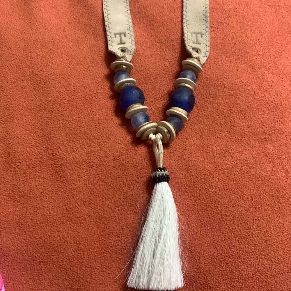 Twine & Twig Leather and blue stone necklace w/ horsehair Tassel